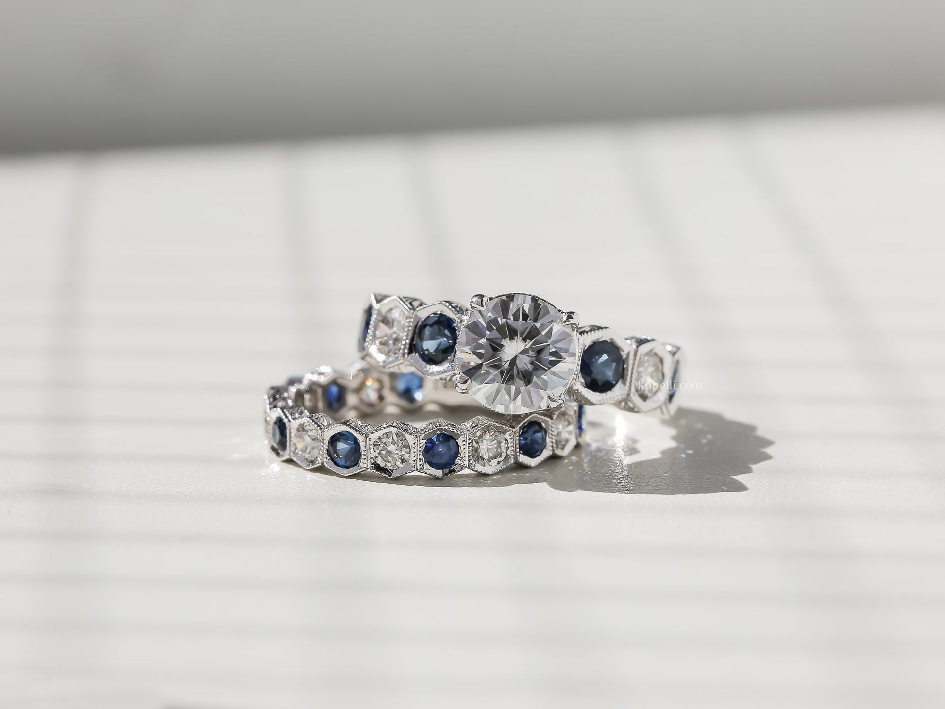 Kobelli Art Deco Hexagonal Eternity Bridal Rings