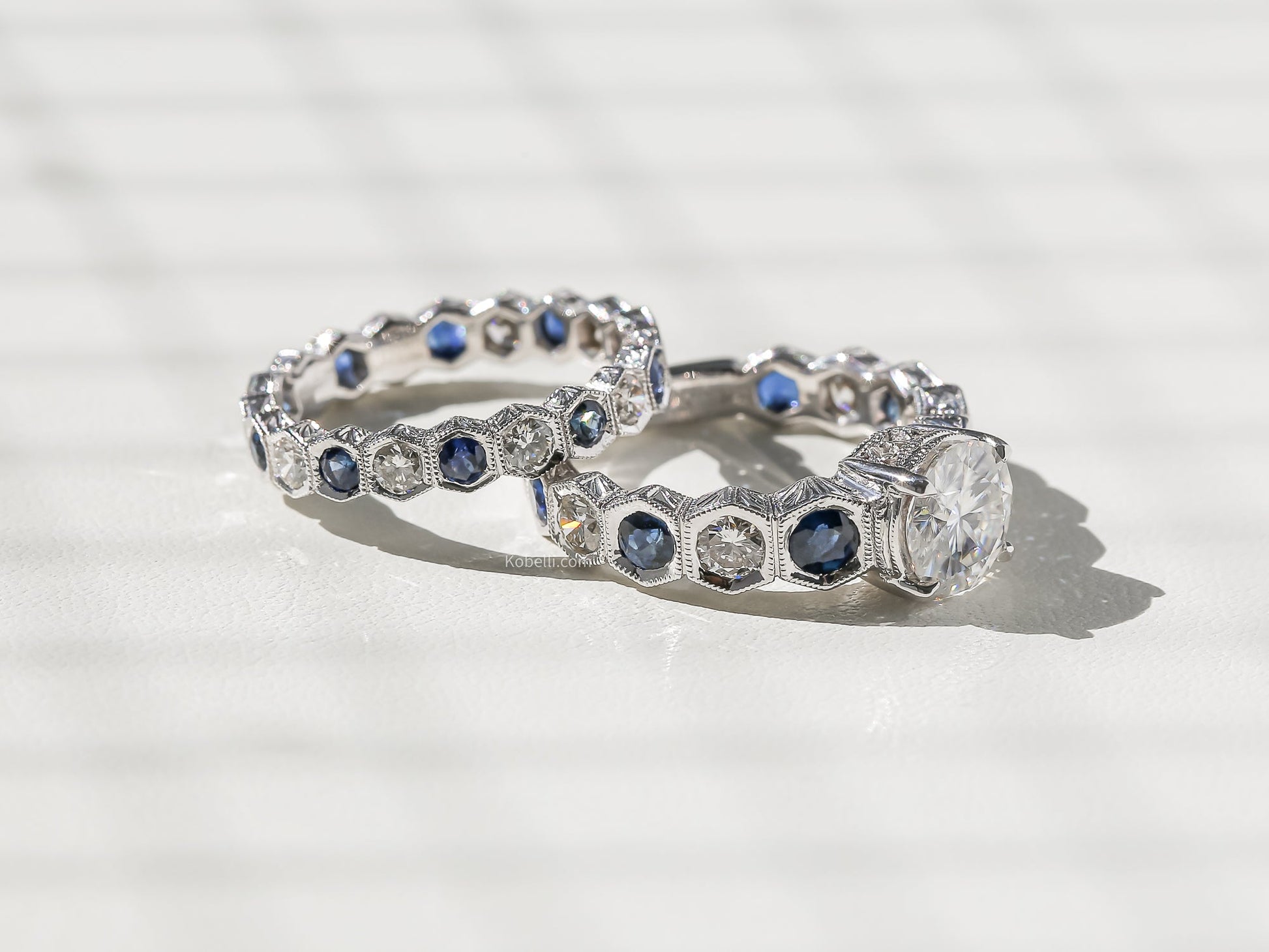 Kobelli Art Deco Hexagonal Eternity Bridal Rings