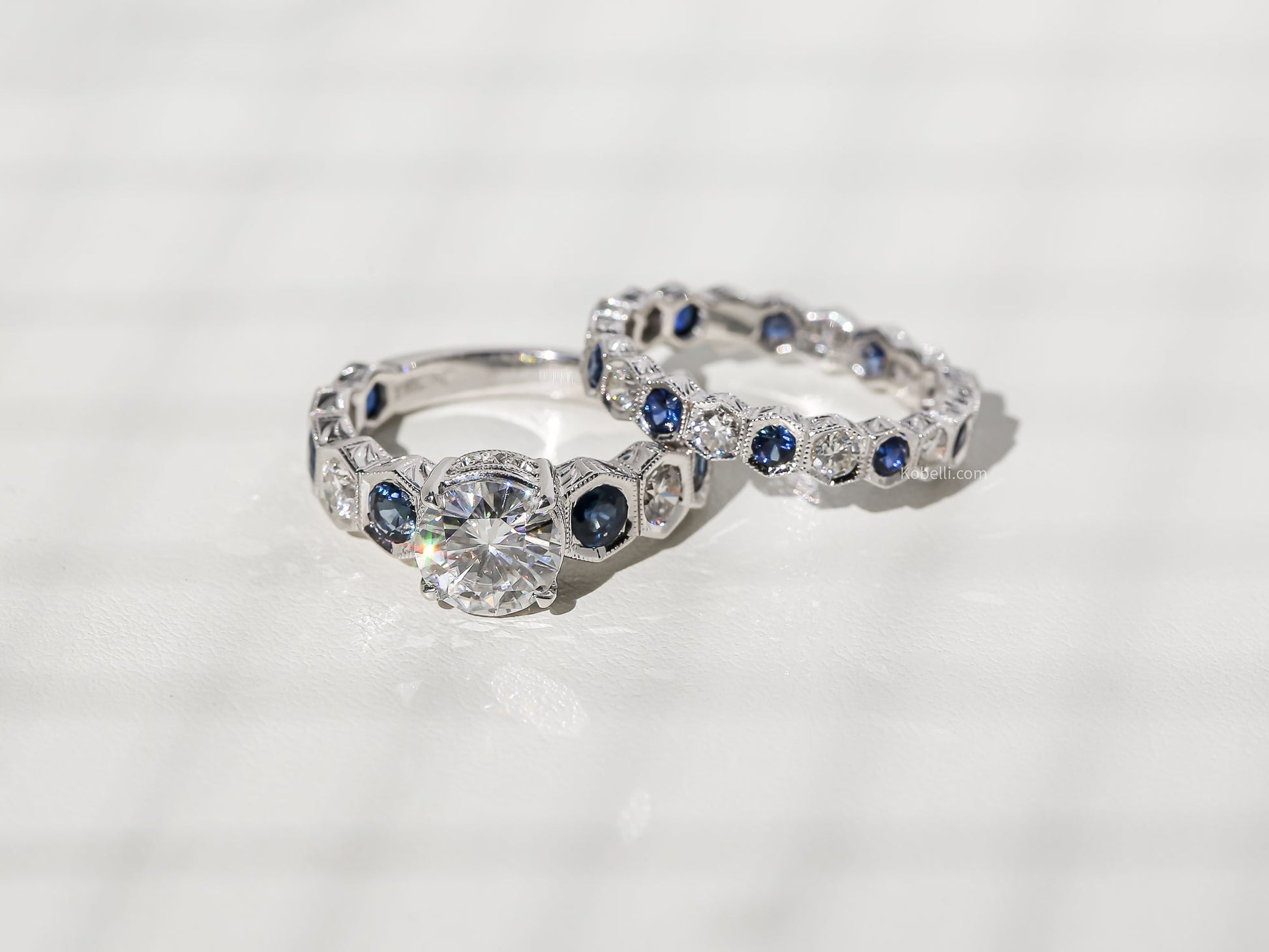 Kobelli Art Deco Hexagonal Eternity Bridal Rings