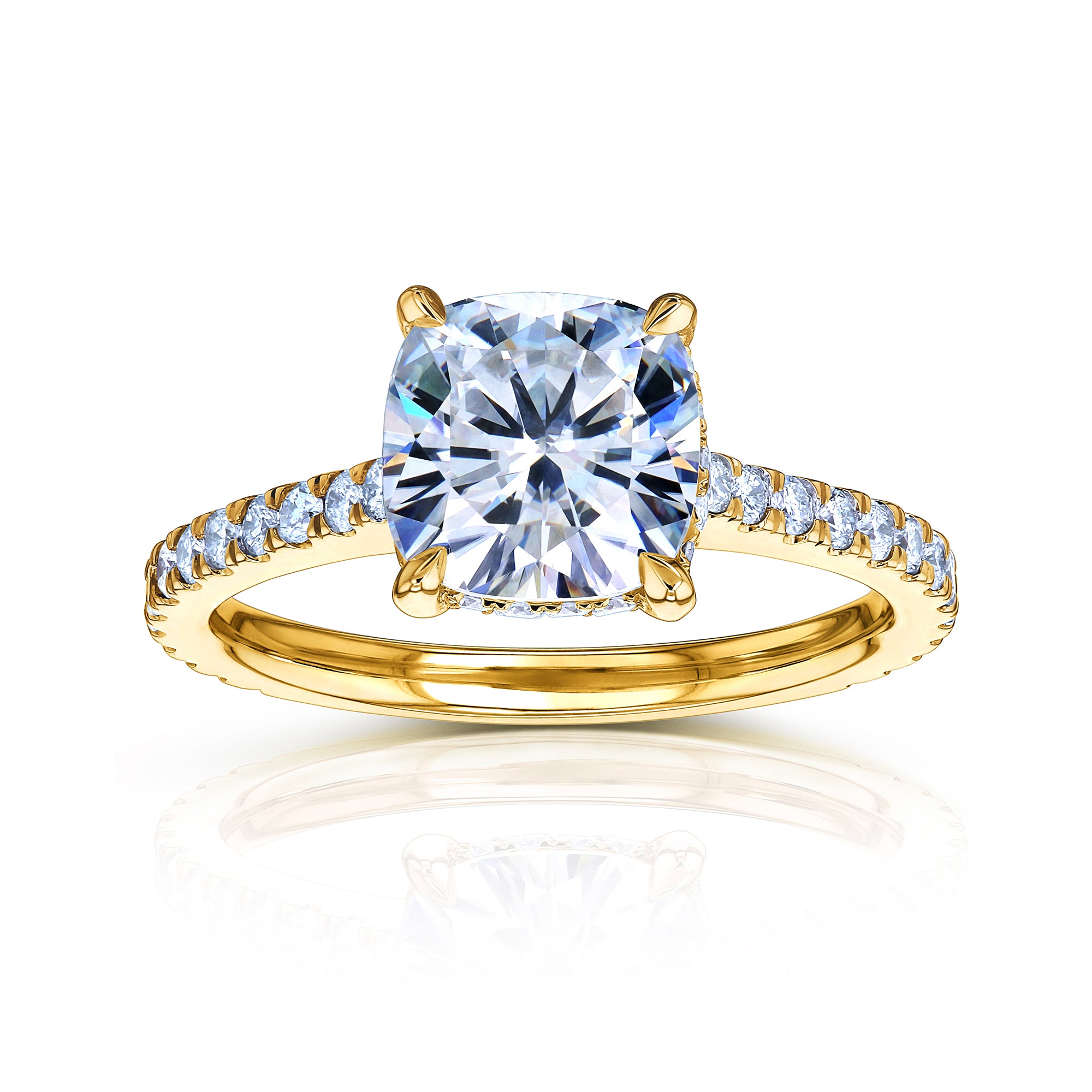 2.4 Carat Moissanite Cushion Hidden Halo Bristol Ring in Yellow Gold