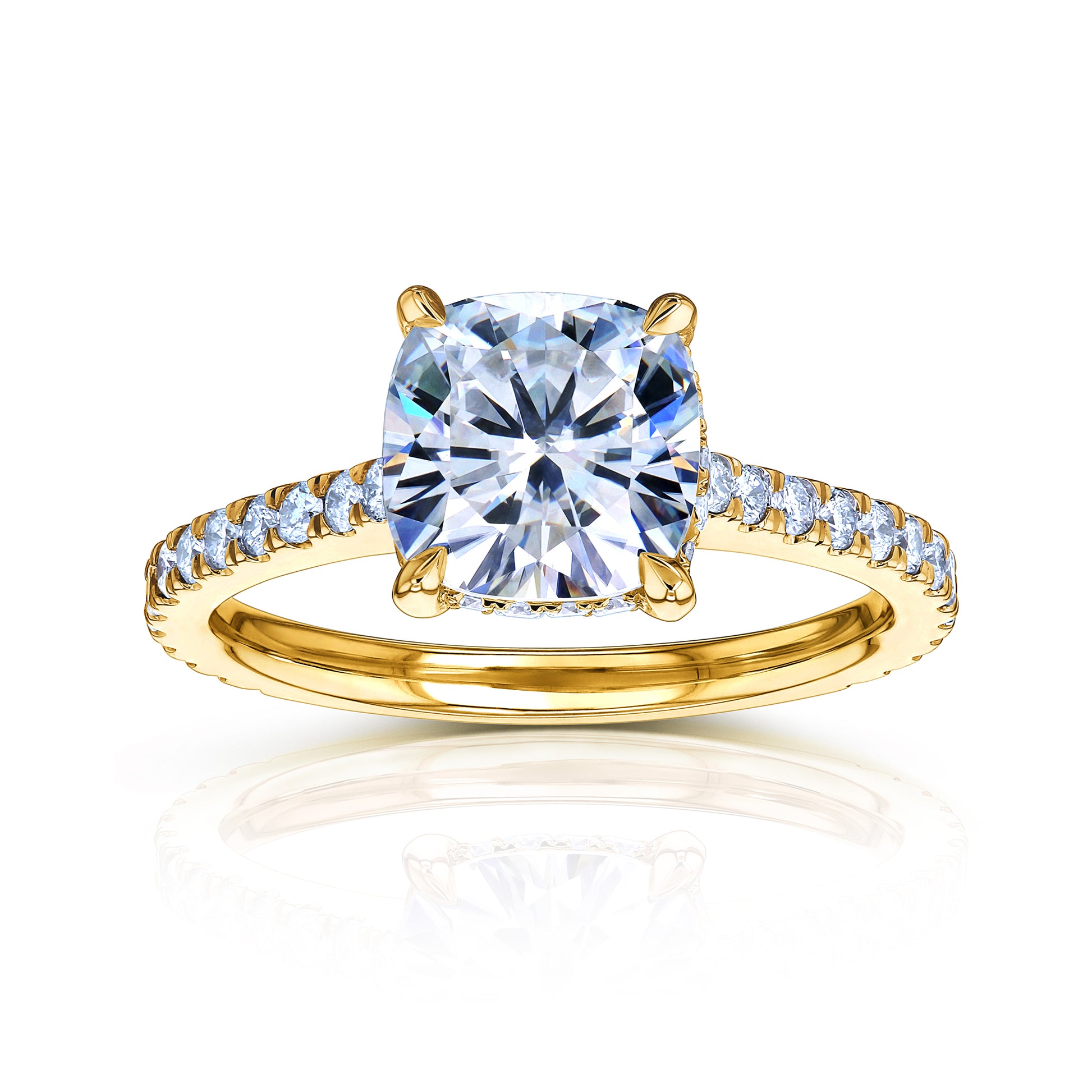 2.4 Carat Moissanite Cushion Hidden Halo Bristol Ring in Yellow Gold