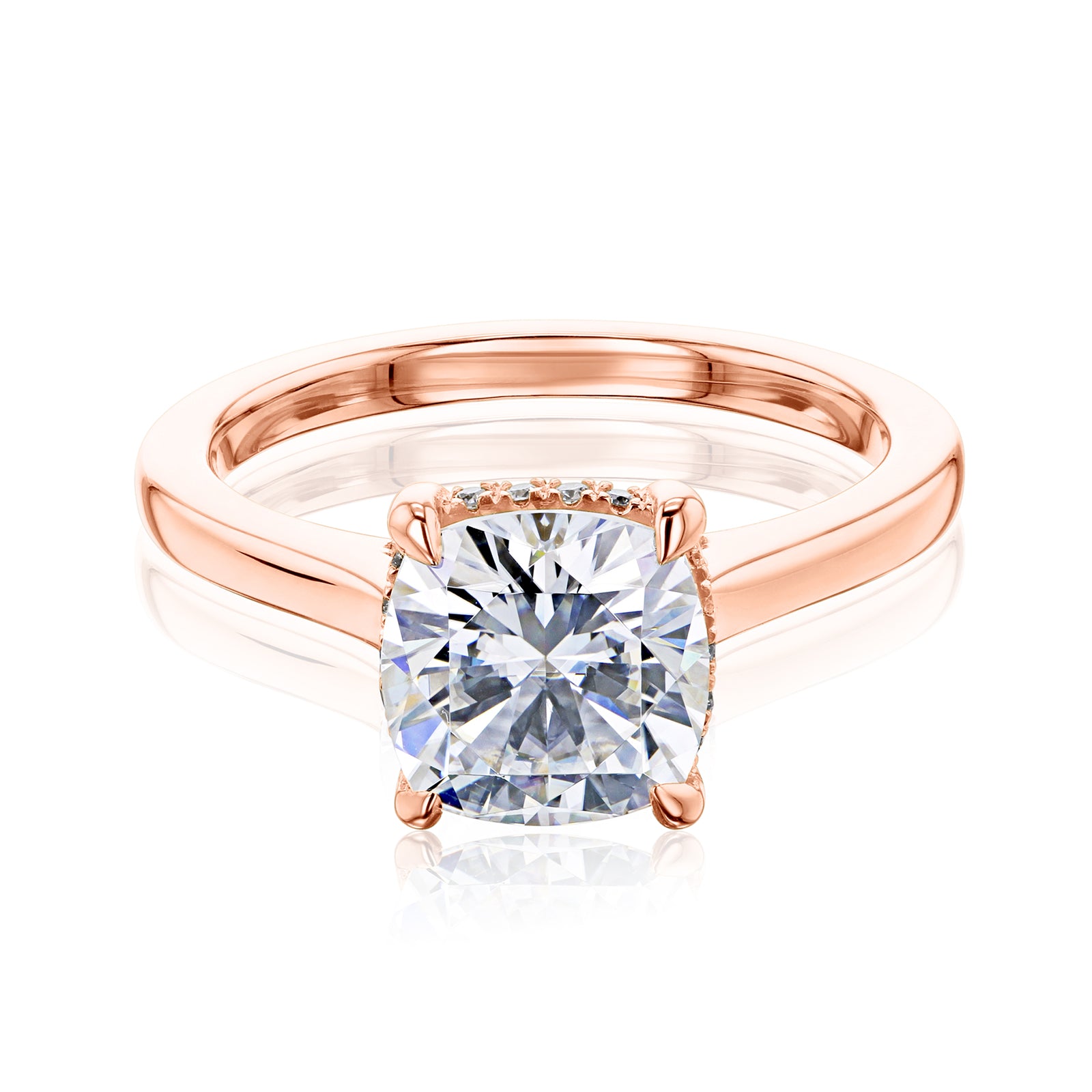 Kobelli London Collection Cara 2ct Cushion Moissanite Cathedral Engagement Ring in rose gold