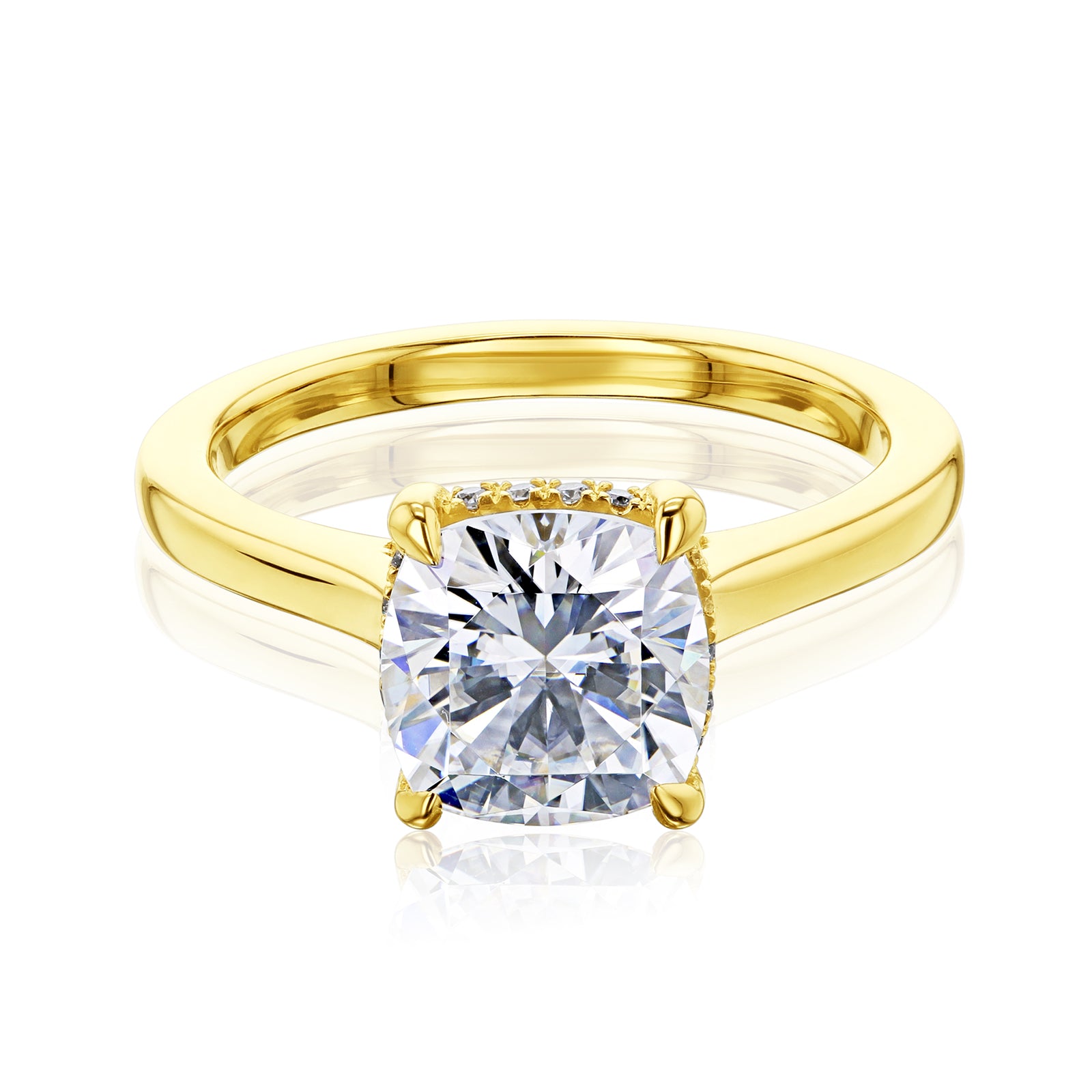 Kobelli London Collection Cara 2ct Cushion Moissanite Cathedral Engagement Ring in yellow gold