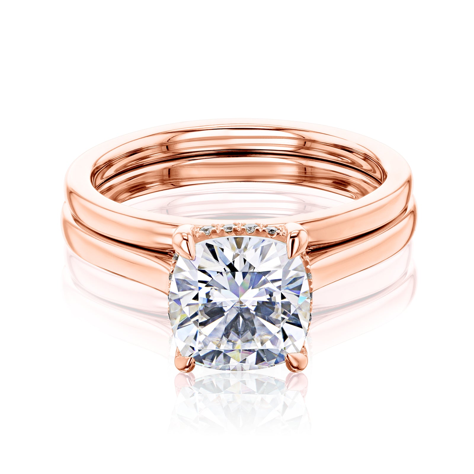 Cushion moissanite center with natural diamond hidden halo solid gold bridal set with plain bands - rose gold option sizes 4 to 11