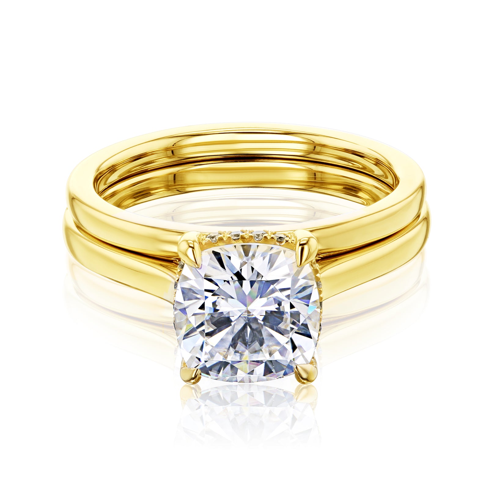 Cushion moissanite center with natural diamond hidden halo solid gold bridal set with plain bands - yellow gold option sizes 4 to 11