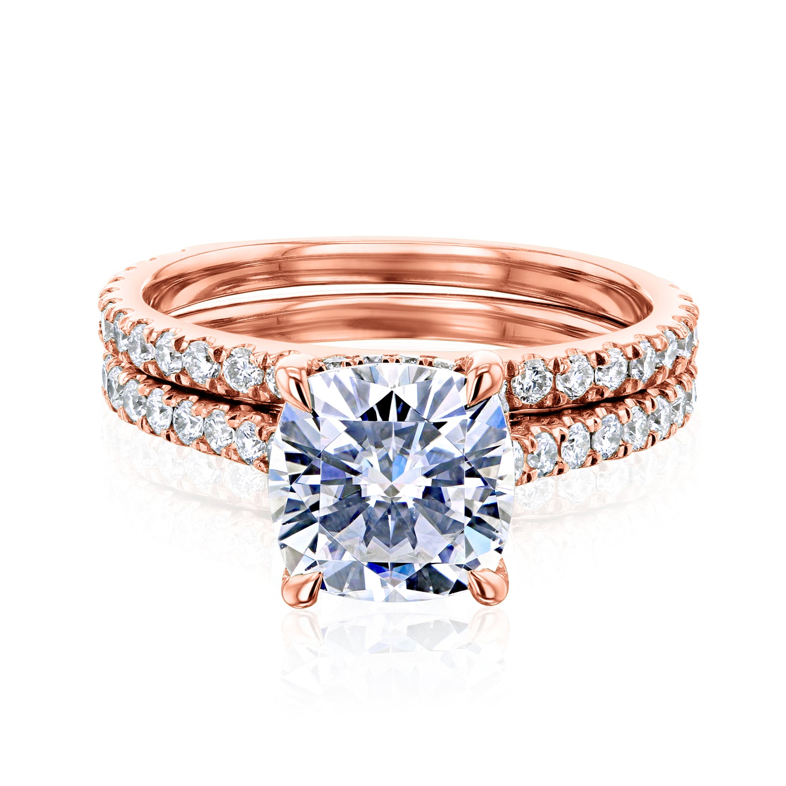 Kobelli London Collection Camilla 2ct Cushion Moissanite and Natural Diamond Cathedral Bridal Set in Rose Gold