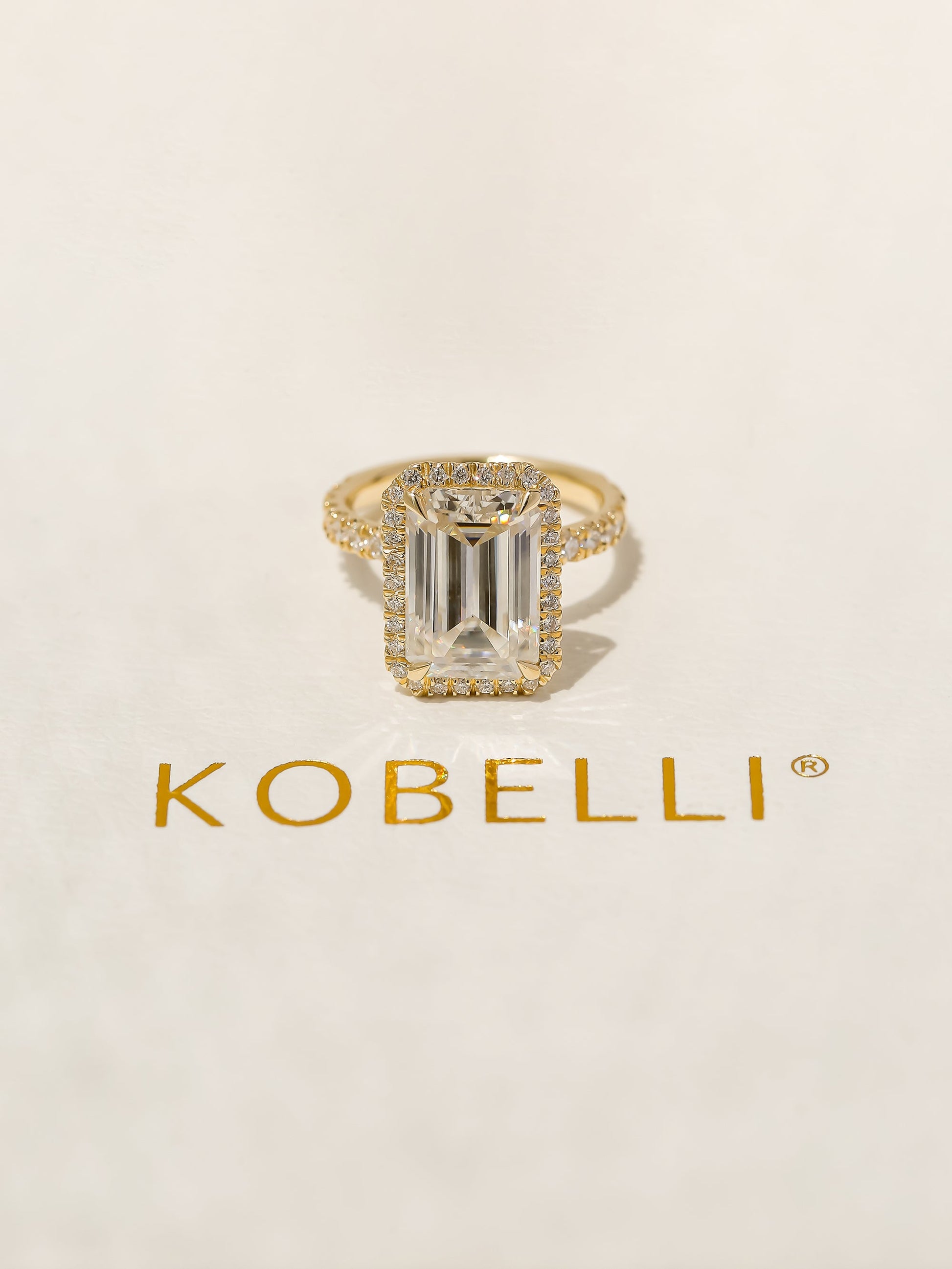 Kobelli Grown Emerald-Cut All-Diamond Sustainable Gold Engagement Ring on Kobelli box