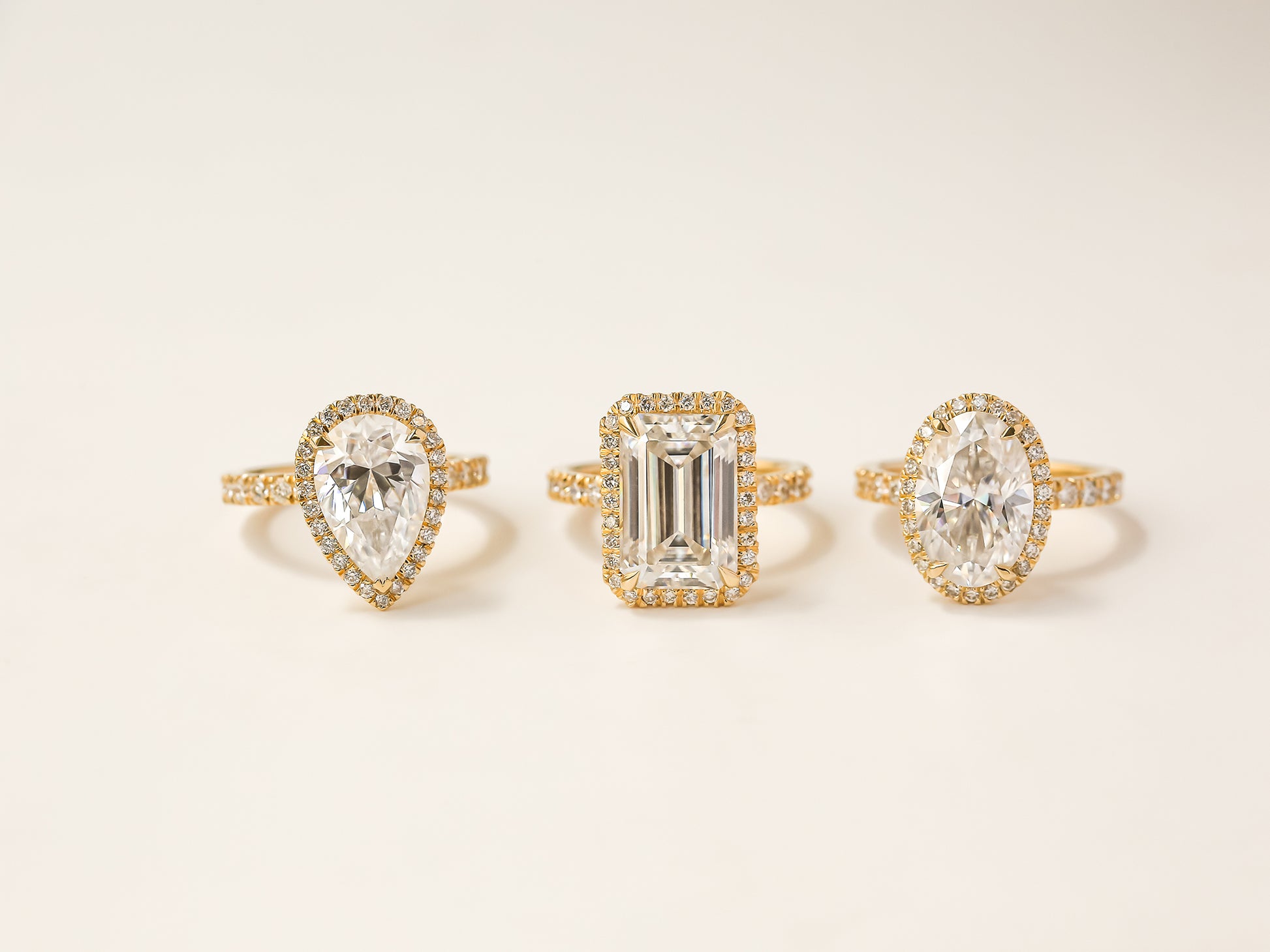 Kobelli Grown Halo Collection - Pear, Emerald, Oval (left to right)