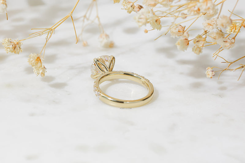 Kobelli Grown Diamond Ring Yellow Gold Petal Prongs on Floral Background