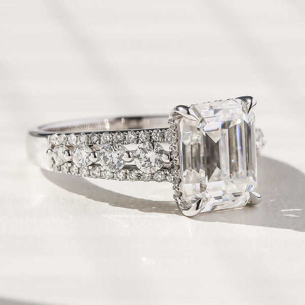 Kobelli Emerald Moissanite & Round Diamonds Triple Row Engagement Ring