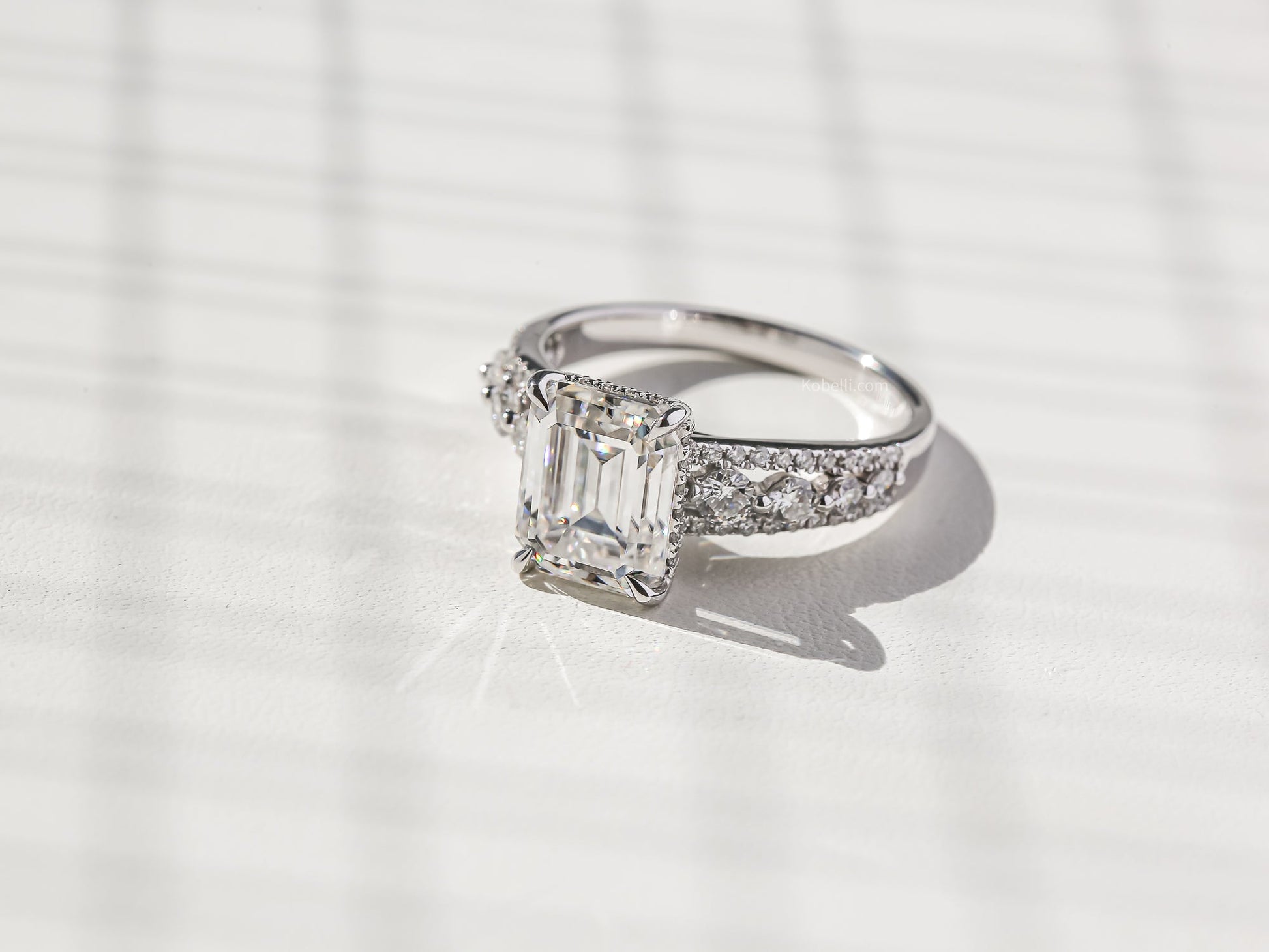 Kobelli Emerald Moissanite & Round Diamonds Triple Row Engagement Ring
