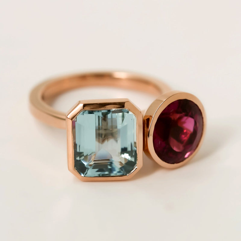 Kobelli Rubellite & Aquamarine Rose Gold Ring