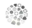 Collection of metal geometric shapes arranged in a circular pattern.
