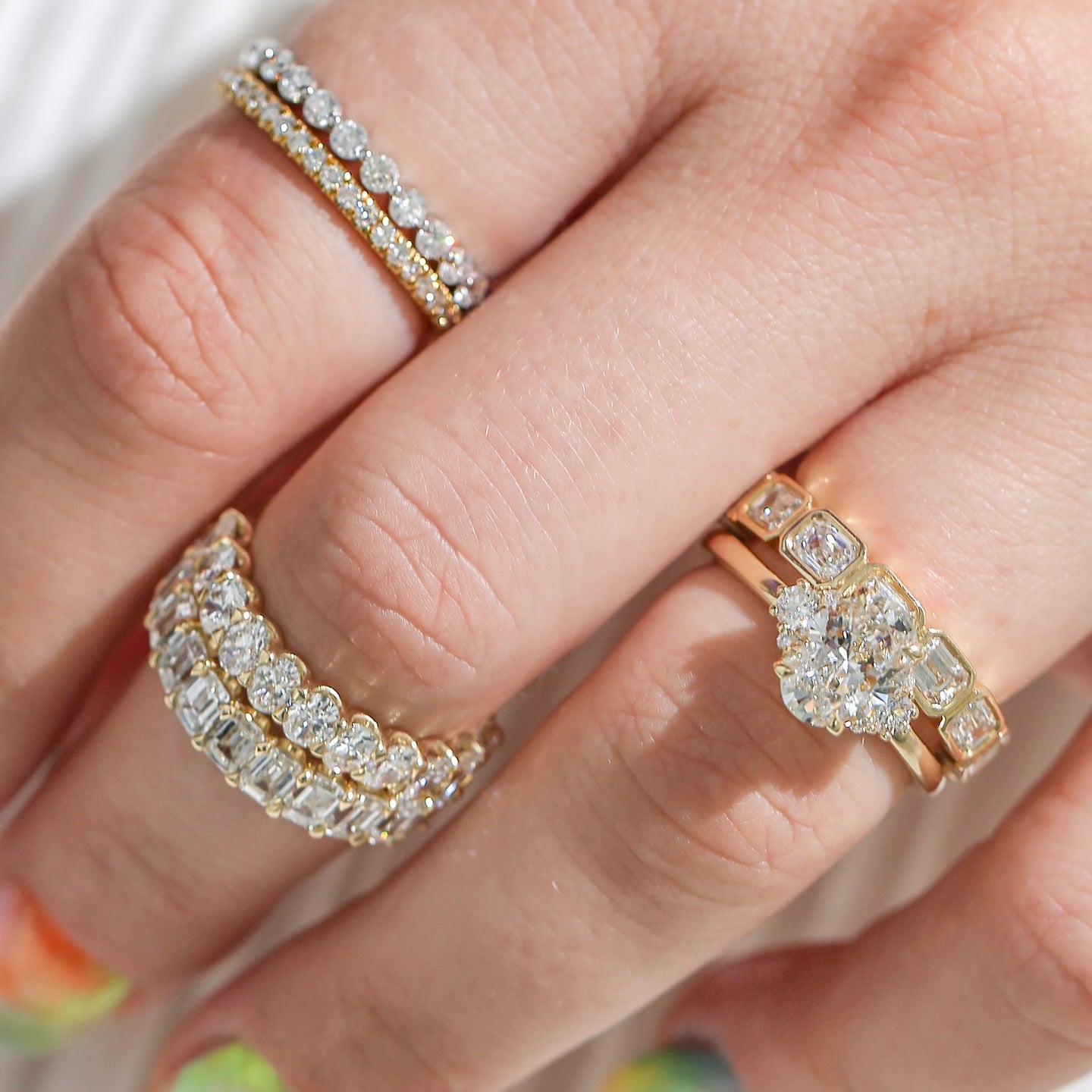 Oval Dulce Engagement Ring | Brielle Band | Bubble Edge Band | Bara Band | Summer Band | July Band