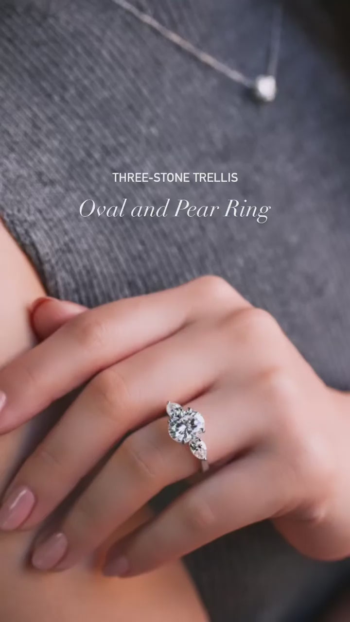 video of Kobelli 3.86 Carat Moissanite 3-Stone Oval & Pear Elena Ring