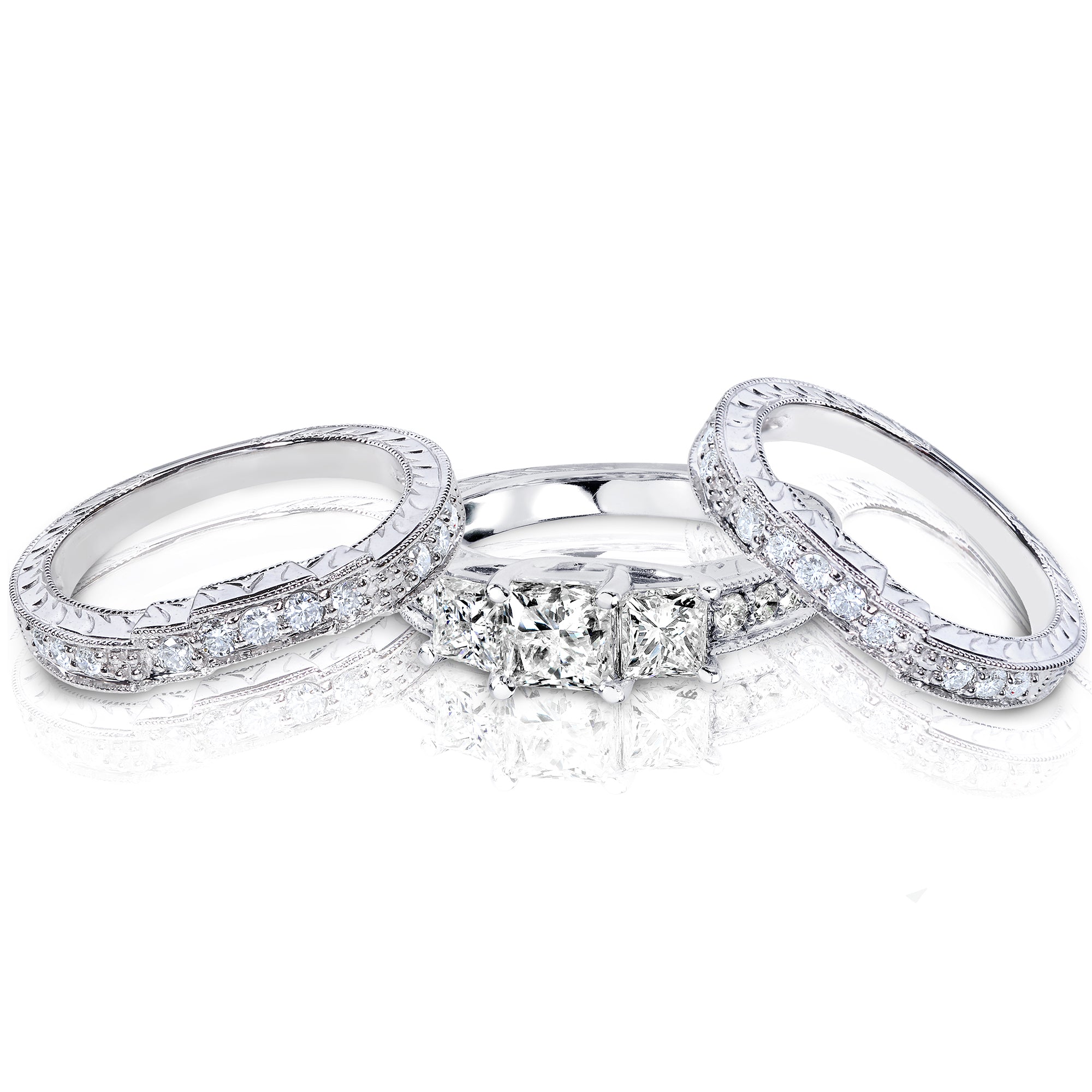 1.85 Carat Natural Diamond 3pc Josephine Bridal Set