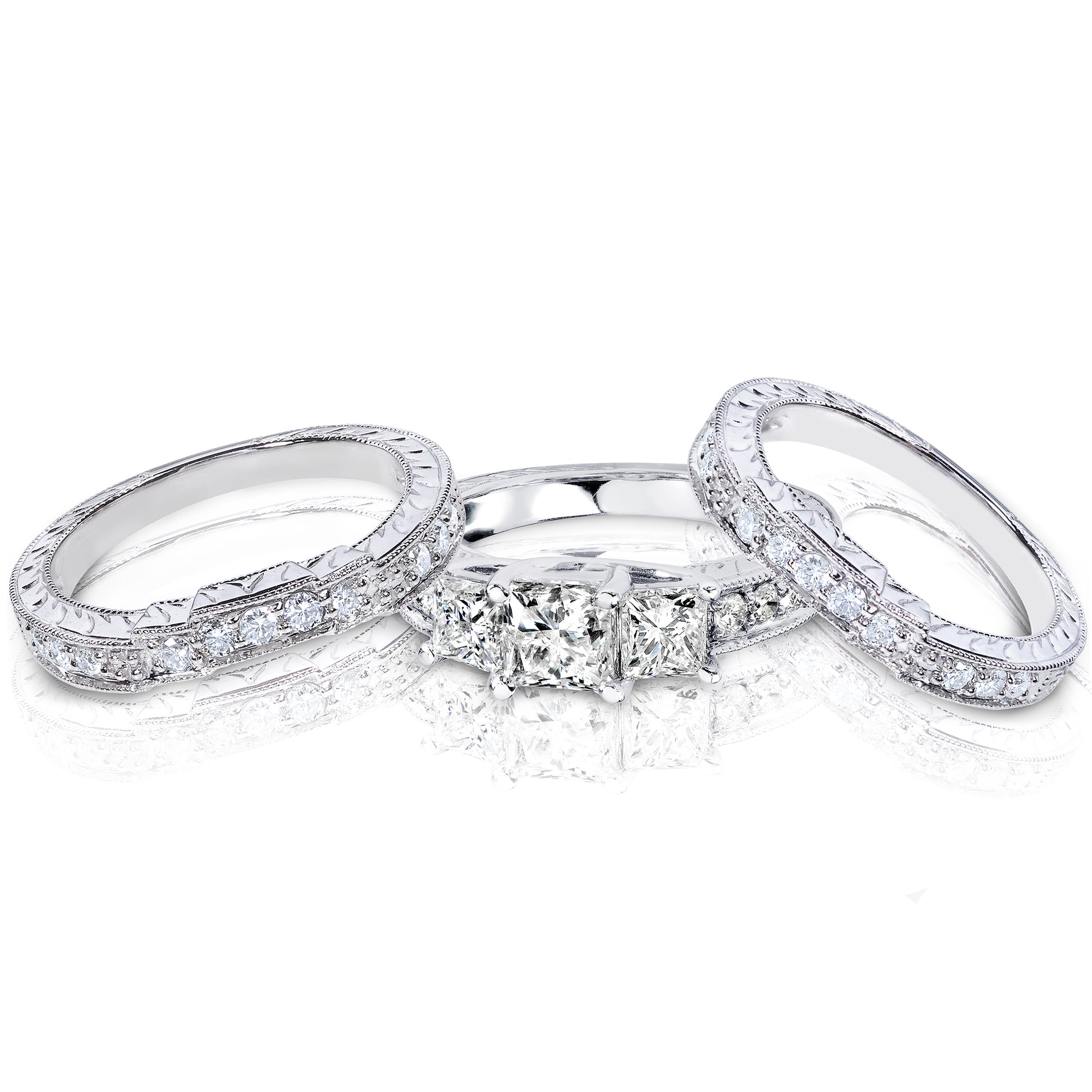 1.85 Carat Natural Diamond 3pc Josephine Bridal Set