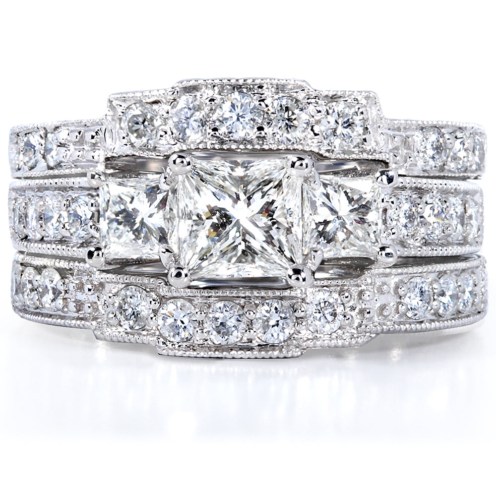 1.85 Carat Natural Diamond 3pc Josephine Bridal Set