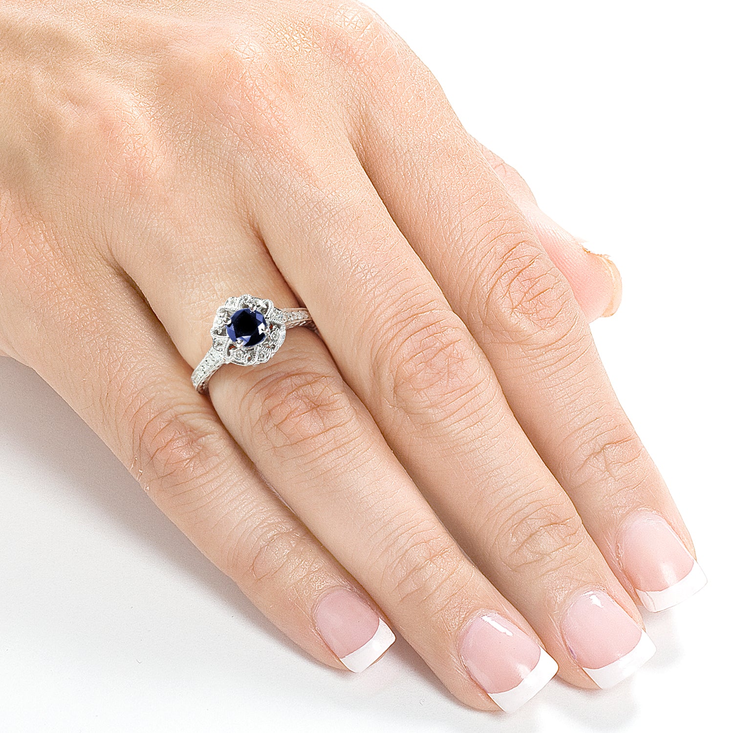 Kobelli Antique Round-cut Sapphire and Diamond Engagement Ring 3/4 Carat (ctw) in 14k White Gold