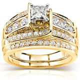 Conjunto de aliança de casamento Princess Diamond de 1 quilate (ctw) em ouro branco ou amarelo 14K