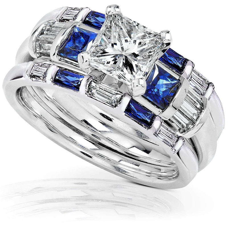 1 Carat Luxurious Round White Diamond and Blue Sapphire Bridal Ring Set -  JeenJewels