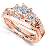 Assymertrical 3-Stone Princess Diamond Bridal Set in Rose Gold, 2 Piece Set