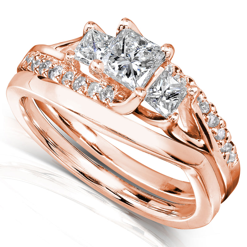 Assymertrical 3-Stone Princess Diamond Bridal Set in Rose Gold, 2 Piece Set