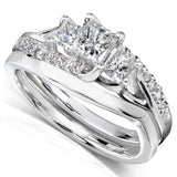 Assymertrical 3-Stone Princess Diamond Bridal Set in White Gold Option