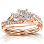 Assymertrical 3-Stone Princess Diamond Bridal Set in Rose Gold Option