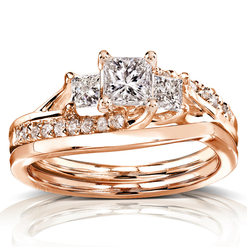 Assymertrical 3-Stone Princess Diamond Bridal Set in Rose Gold Option