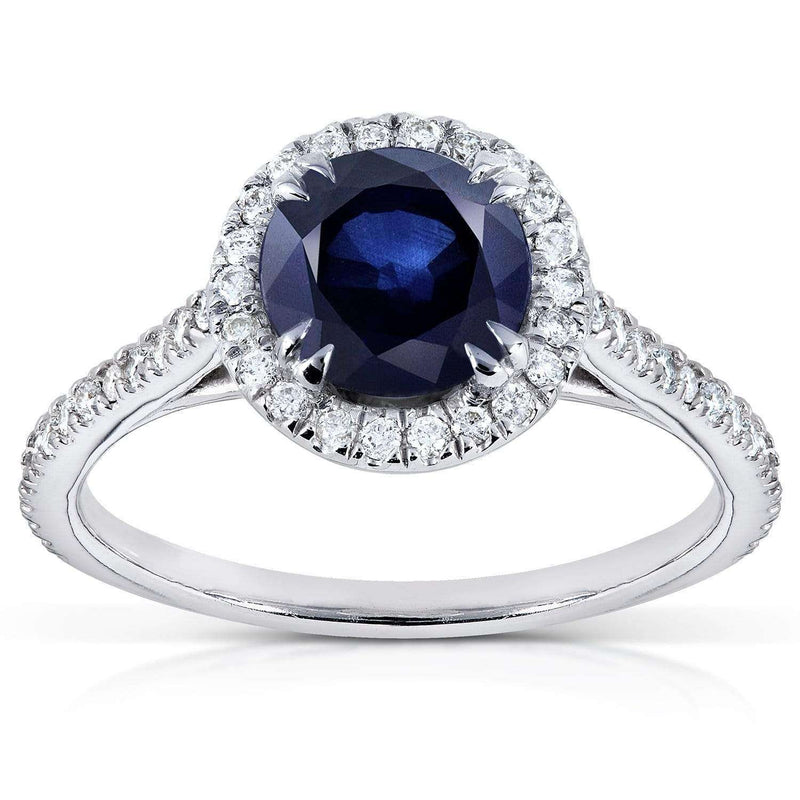 Anel de noivado Kobelli redondo azul safira diamante Halo 1 1/2 ct (ctw) em ouro branco 14k
