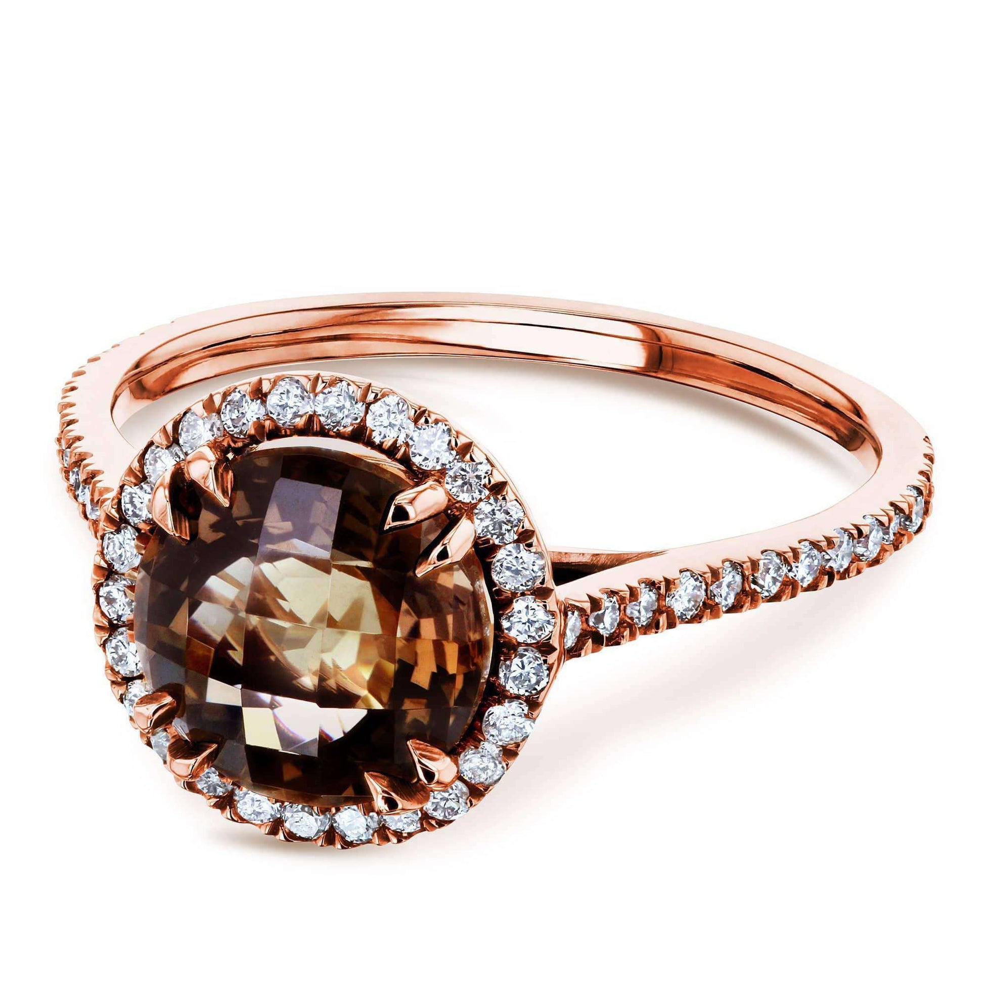 Kobelli Checkered Smokey Quartz Halo Rose Gold Ring