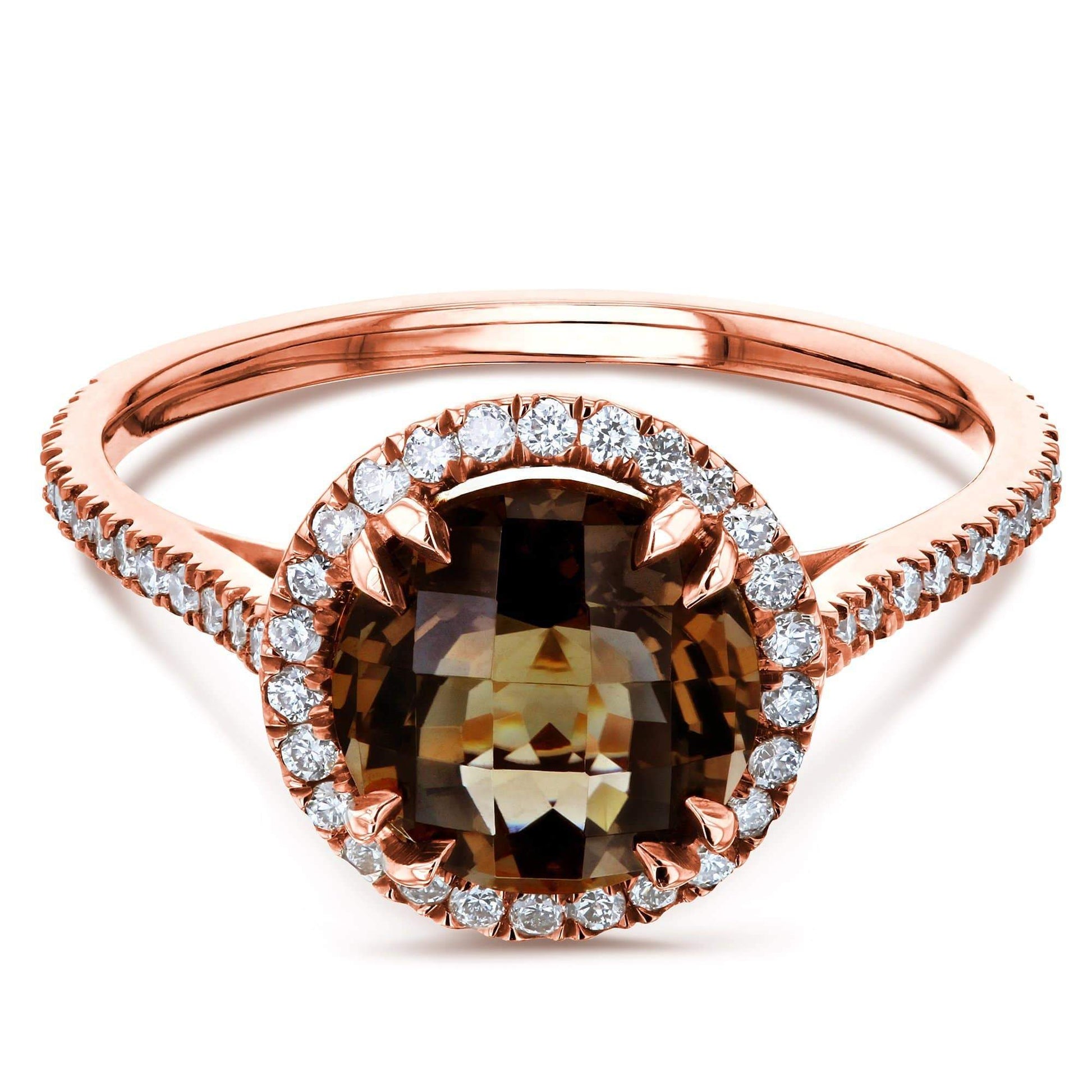 Kobelli Checkered Smokey Quartz Halo Rose Gold Ring