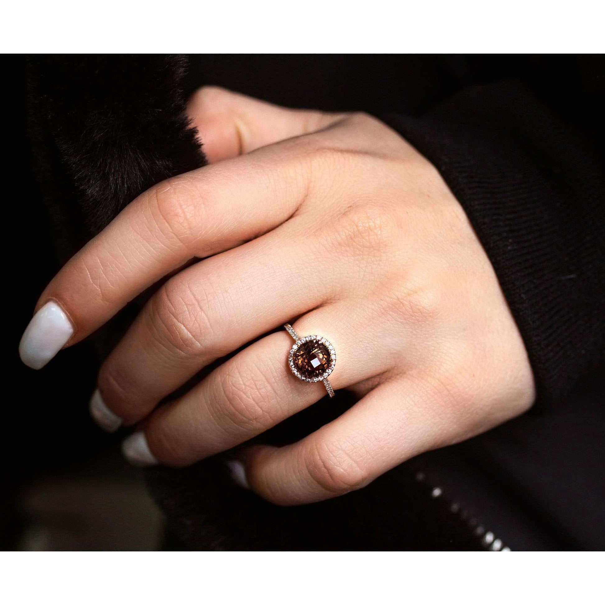 Kobelli Checkered Smokey Quartz Halo Rose Gold Ring