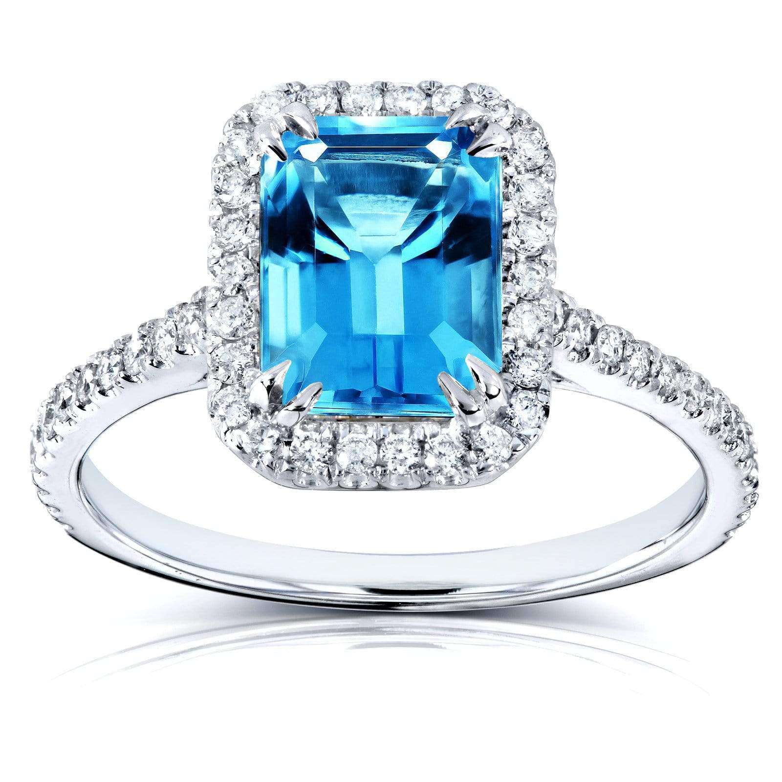 Kobelli Emerald Cut Swiss Blue Topaz and Diamond Halo Ring 1 3/4ct CTW 14k White Gold