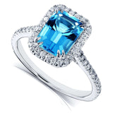 Kobelli Emerald Cut Swiss Blue Topaz and Diamond Halo Ring 1 3/4ct CTW 14k vitguld