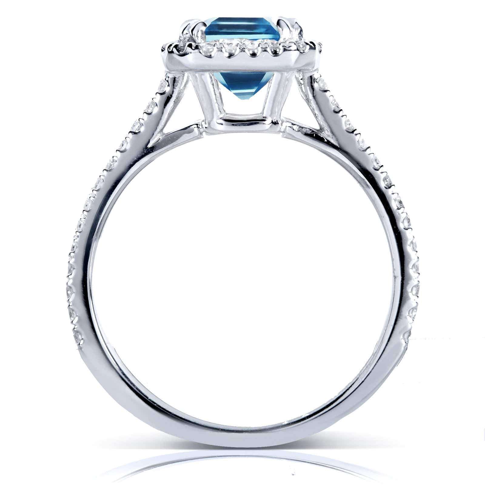 Kobelli Emerald Cut Swiss Blue Topaz and Diamond Halo Ring 1 3/4ct CTW 14k White Gold