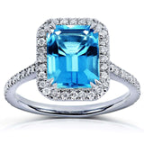 Kobelli Emerald Cut Swiss Blue Topaz och Diamond Halo Ring 3ct CTW 14k vitguld