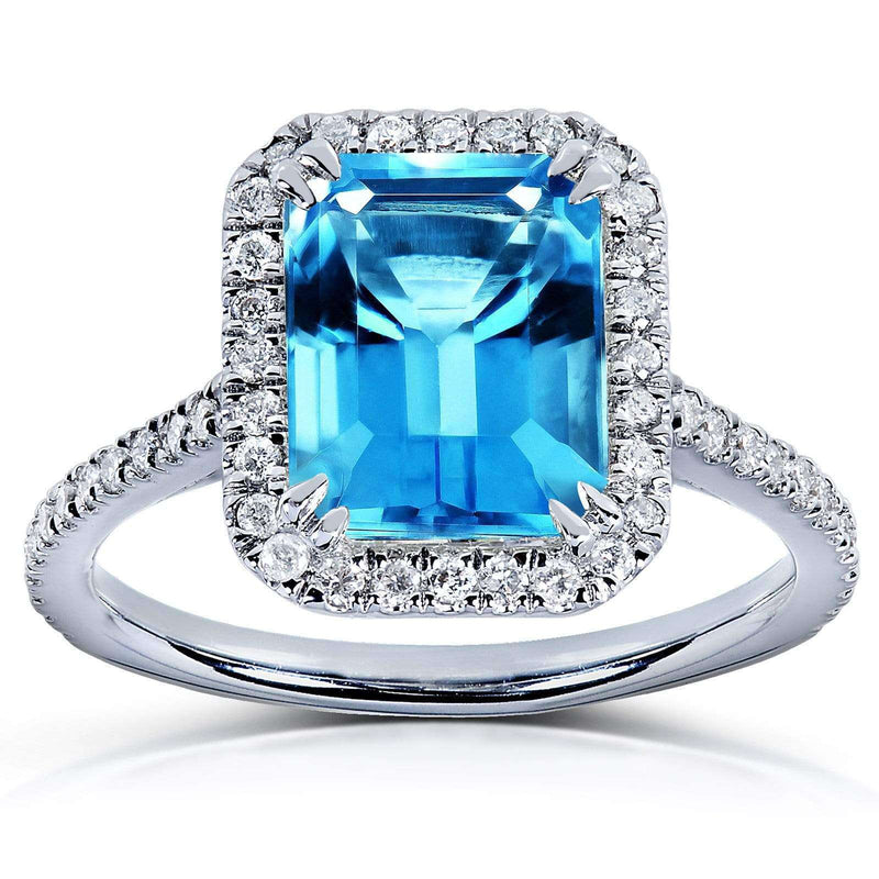 Kobelli Halo-Ring mit Schweizer Blautopas und Diamant im Smaragdschliff, 3 Karat CTW, 14 Karat Weißgold