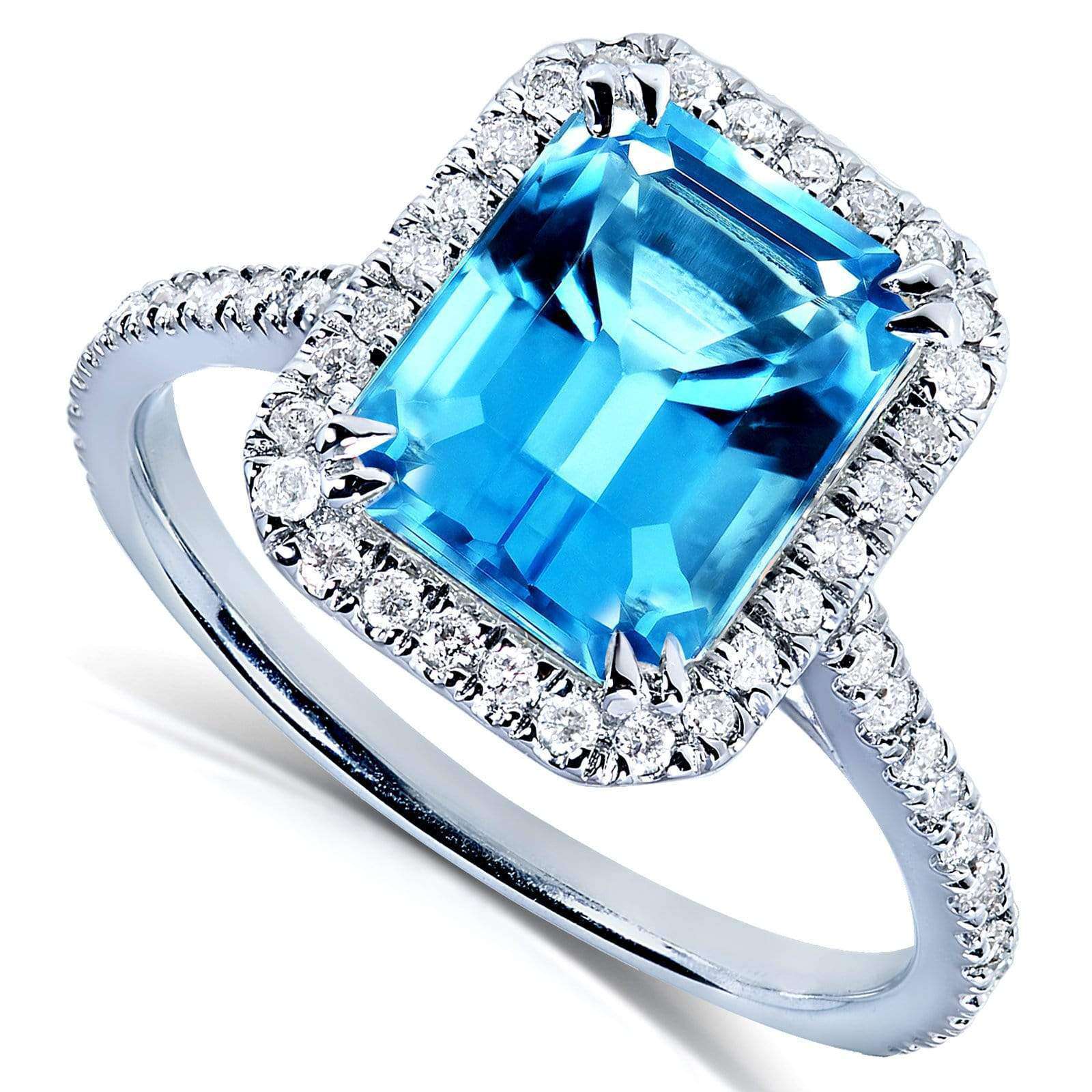 Kobelli Emerald Cut Swiss Blue Topaz and Diamond Halo Ring 3ct CTW 14k White Gold