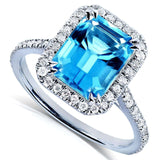 Anel Halo de diamante e topázio azul suíço com corte esmeralda Kobelli 3 quilates CTW ouro branco 14k