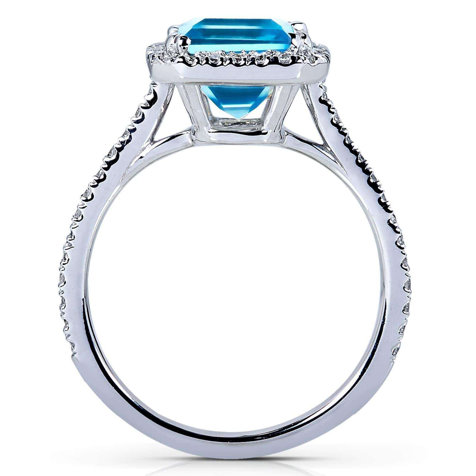 Kobelli Emerald Cut Swiss Blue Topaz and Diamond Halo Ring 3ct CTW 14k White Gold