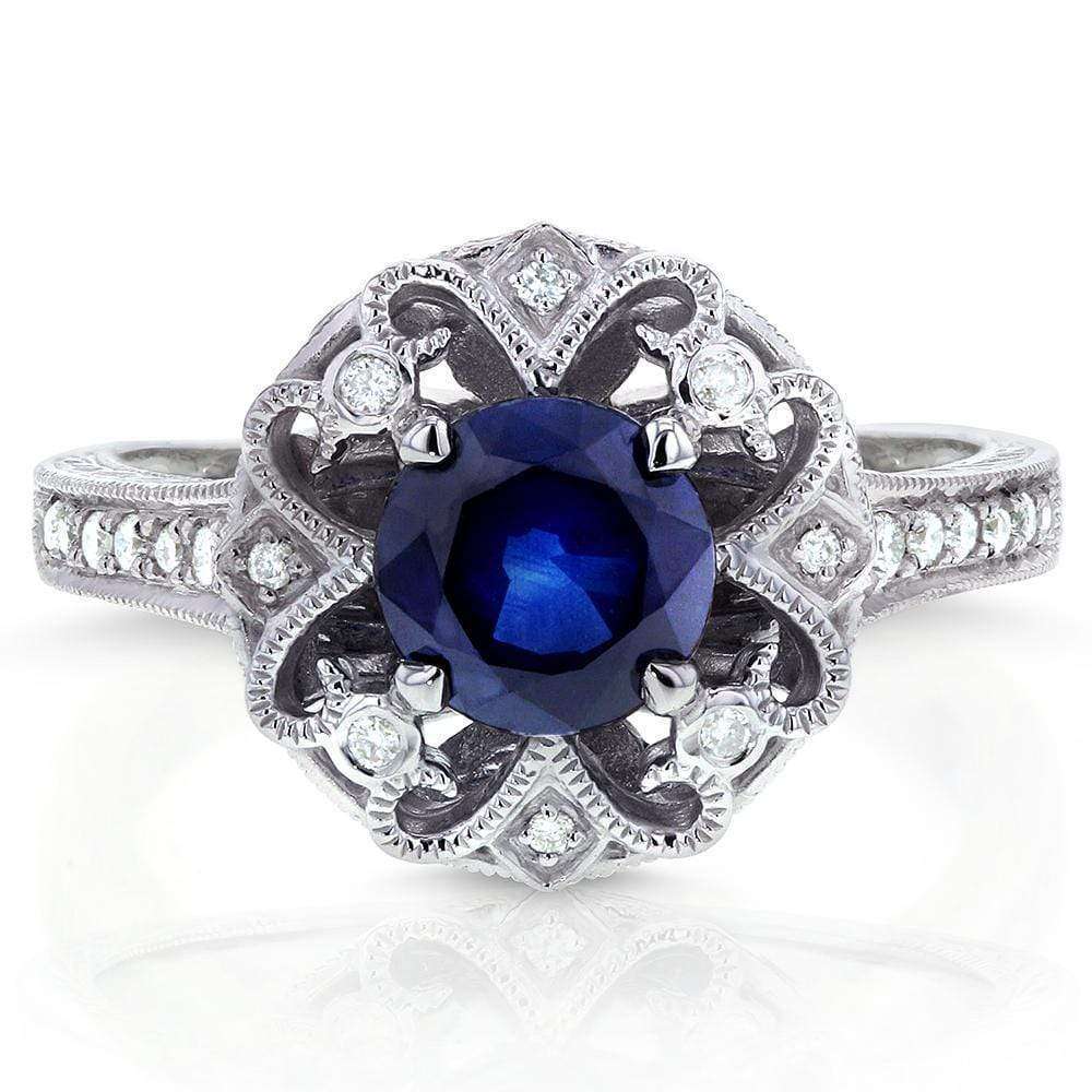 Kobelli Antique Round Blue Sapphire and Diamond Vintage Style Engagement Ring 1 1/2 Carat (ctw) in 14k White Gold