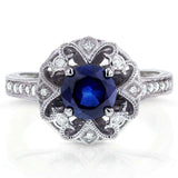 Kobelli antik rund blå safir og diamant vintage stil forlovelsesring 1 1/2 karat (ctw) i 14 k hvidguld