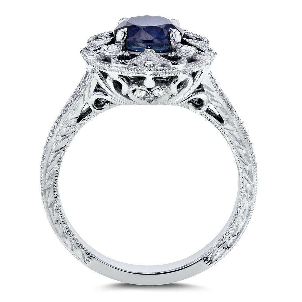 Kobelli Antique Round Blue Sapphire and Diamond Vintage Style Engagement Ring 1 1/2 Carat (ctw) in 14k White Gold