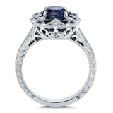 Anel de noivado Kobelli antigo redondo azul safira e diamante estilo vintage 1 1/2 quilate (ctw) em ouro branco 14k