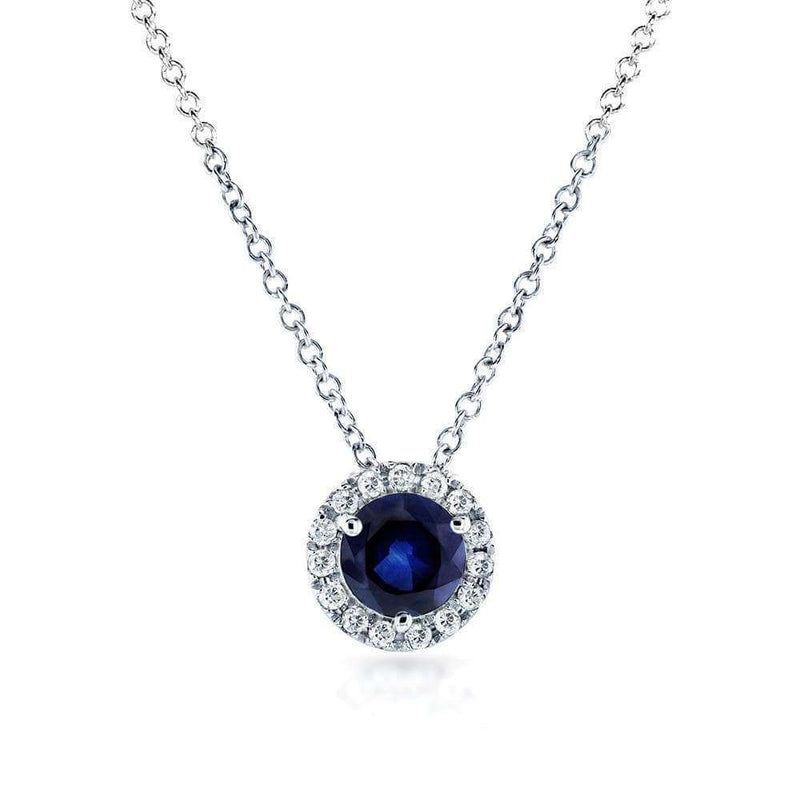 14K White Gold Blue Sapphire and Diamond Halo Necklace
