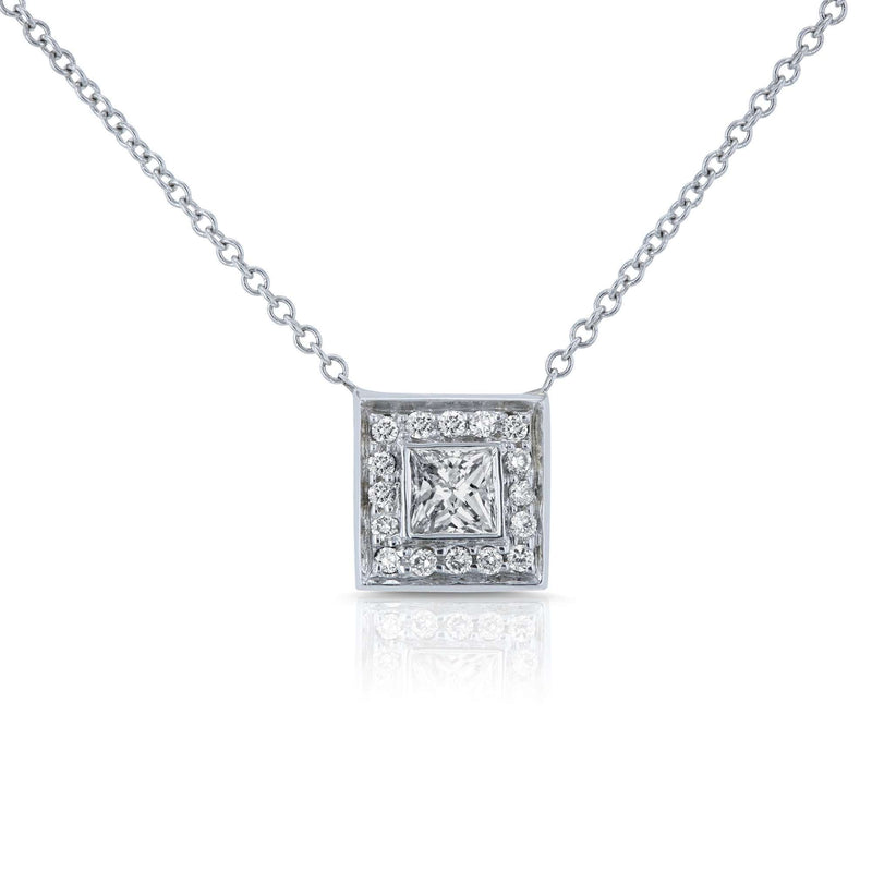 Princess Diamond Bezel and Halo Soldered Necklace 1/3 Carat TW in 14k White Gold