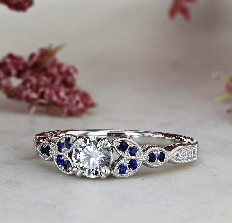Round Vintage Floral Blue Accent Ring