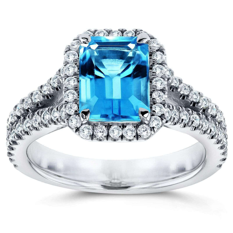 Kobelli Smaragdschliff-Schweizer Blautopas und Diamant-Halo-Ring mit geteiltem Schaft, 2 Karat CTW, 14 Karat Weißgold